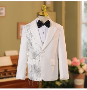 Boys British style jazz dance coat white silver sequins birthday wedding party flower boys formal blazers catwalk host singers piano performance outfits for kids